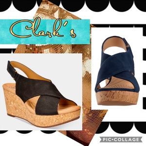 CLARK’S BLACK SUEDE & CORK WEDGE SANDAL